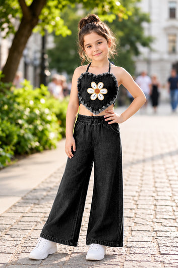 Girls Black Denim Embroidered Crop Top and Pant Girls Co-ords Set