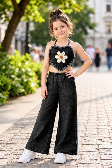 Girls Black Cotton Blend Embroidered Crop Top and Pant Girls Co-ords Set
