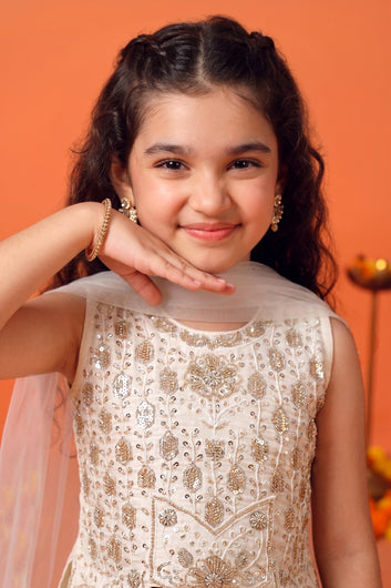Girls White Silk Blend Embroidered Top and Palazzo With Dupatta Ethnic Set