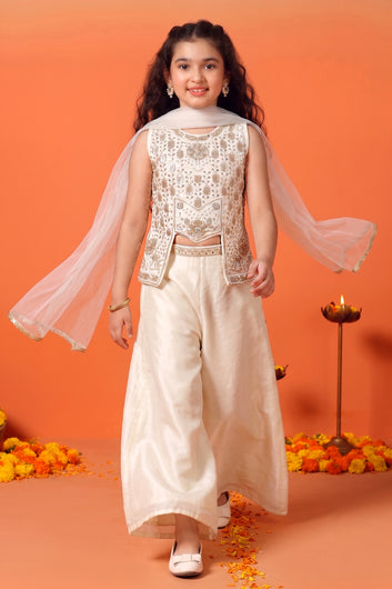 Girls White Silk Blend Embroidered Top and Palazzo With Dupatta Ethnic Set