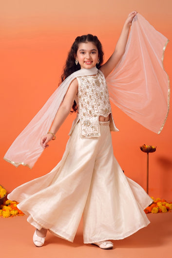 Girls White Silk Blend Embroidered Top and Palazzo With Dupatta Ethnic Set