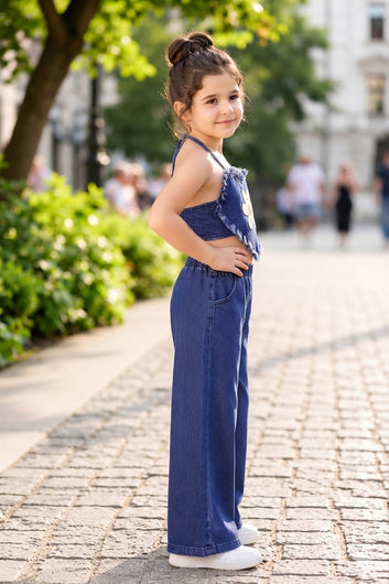 Girls Blue Cotton Blend Embroidered Crop Top and Pant Girls Cord Set