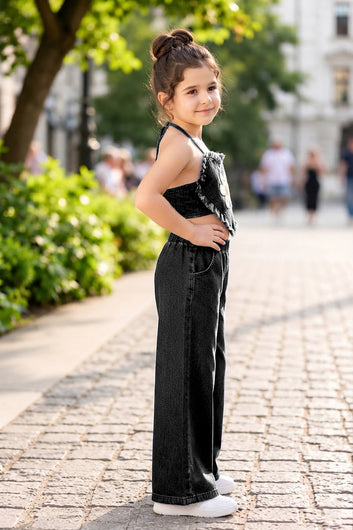 Girls Black Denim Embroidered Crop Top and Pant Girls Co-ords Set