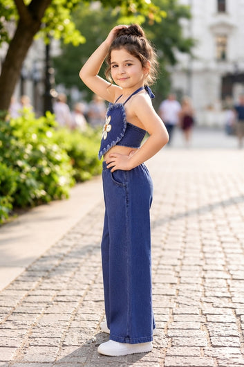 Girls Blue Cotton Blend Embroidered Crop Top and Pant Girls Cord Set