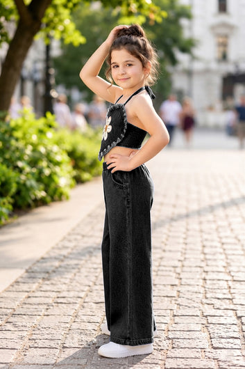 Girls Black Denim Embroidered Crop Top and Pant Girls Co-ords Set