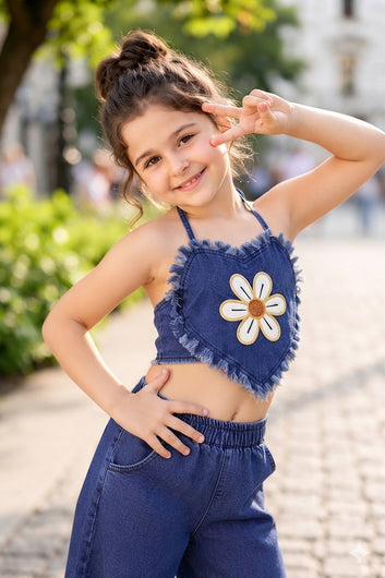 Girls Blue Cotton Blend Embroidered Crop Top and Pant Girls Cord Set