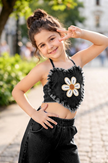 Girls Black Denim Embroidered Crop Top and Pant Girls Co-ords Set