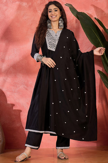 Womens Black Chinon Silk Embroidered Kurta Set with Dupatta