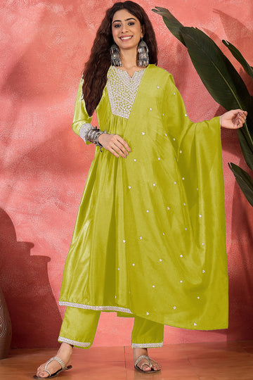 Womens Lime Chinon Silk Embroidered Kurta Set with Dupatta