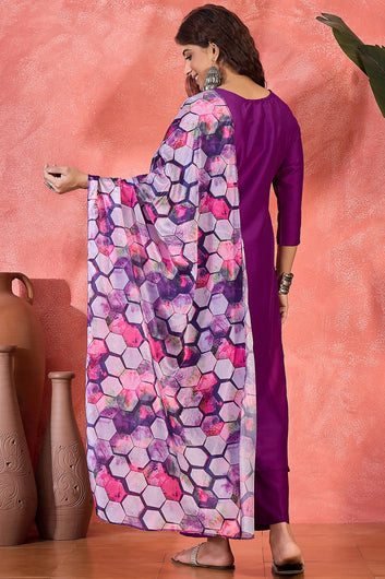 Womens Violet Chinon Silk Kurta Pant with Dupatta