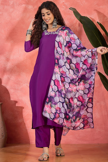 Womens Violet Chinon Silk Kurta Pant with Dupatta