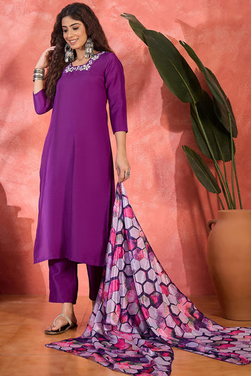 Womens Violet Chinon Silk Kurta Pant with Dupatta