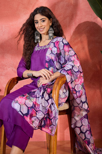 Womens Violet Chinon Silk Kurta Pant with Dupatta