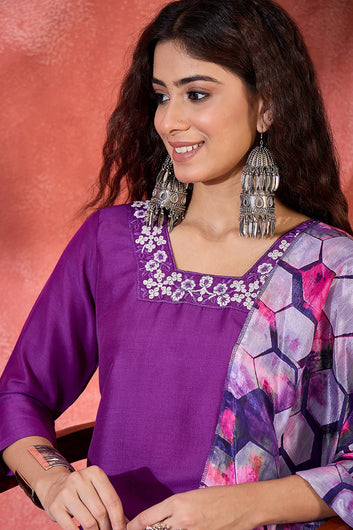 Womens Violet Chinon Silk Kurta Pant with Dupatta