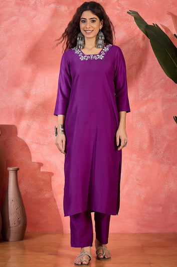 Womens Violet Chinon Silk Kurta Pant with Dupatta