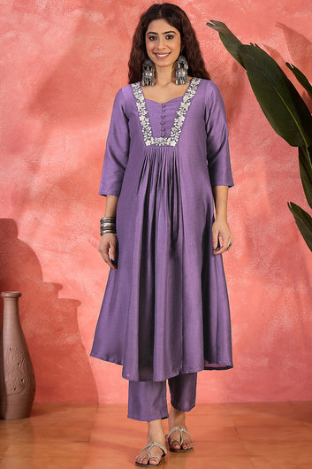 Womens Lavender Chinon Silk Embroidered Kurta Set with Dupatta