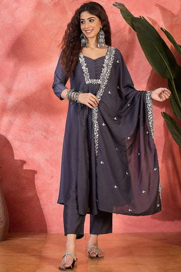 Womens Grey Chinon Silk Embroidered A-line Kurta Set with Dupatta