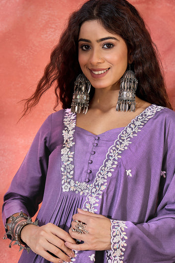 Womens Lavender Chinon Silk Embroidered Kurta Set with Dupatta