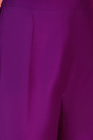 Womens Violet Chinon Silk Embroidered Kurta Set with Dupatta