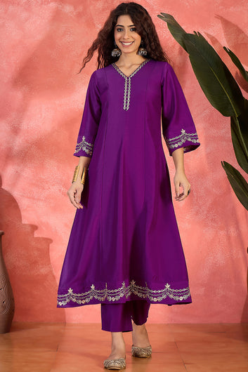 Womens Violet Chinon Silk Embroidered Kurta Set with Dupatta