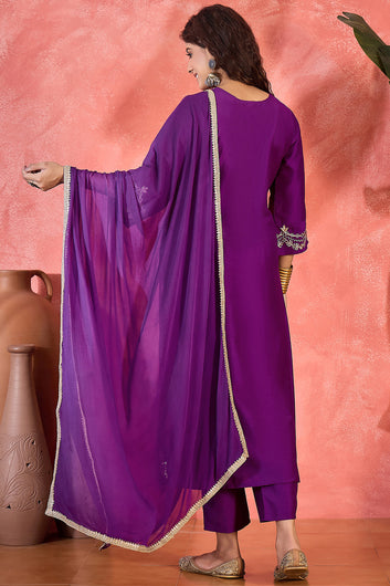 Womens Violet Chinon Silk Embroidered Kurta Set with Dupatta