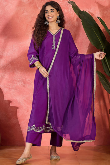 Womens Violet Chinon Silk Embroidered Kurta Set with Dupatta