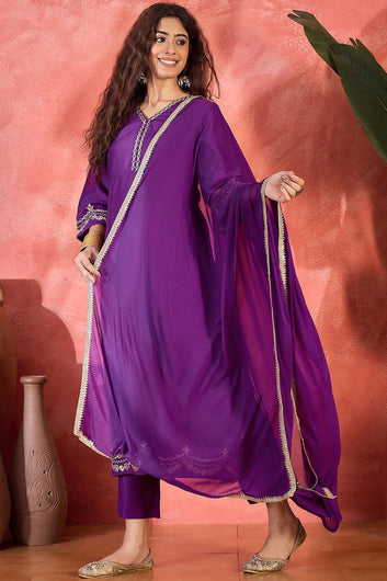 Womens Violet Chinon Silk Embroidered Kurta Set with Dupatta