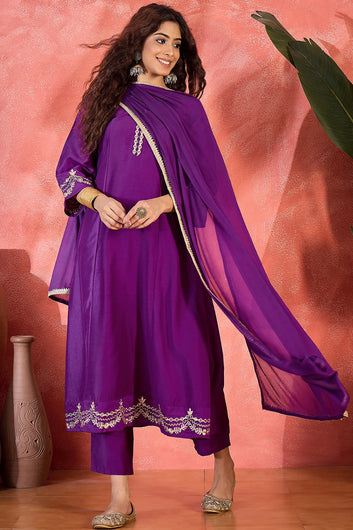 Womens Violet Chinon Silk Embroidered Kurta Set with Dupatta