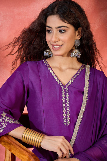 Womens Violet Chinon Silk Embroidered Kurta Set with Dupatta