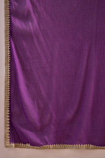 Womens Violet Chinon Silk Embroidered Kurta Set with Dupatta