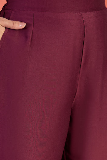 Womens Wine Chinon Silk Printed Kurta Set with Dupatta