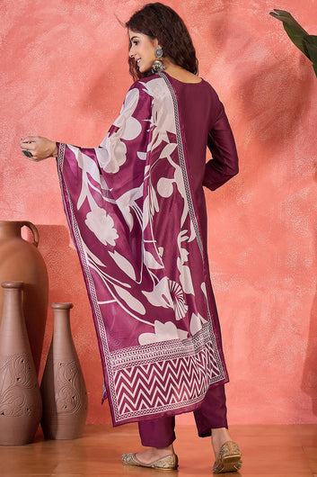 Womens Wine Chinon Silk Printed Kurta Set with Dupatta
