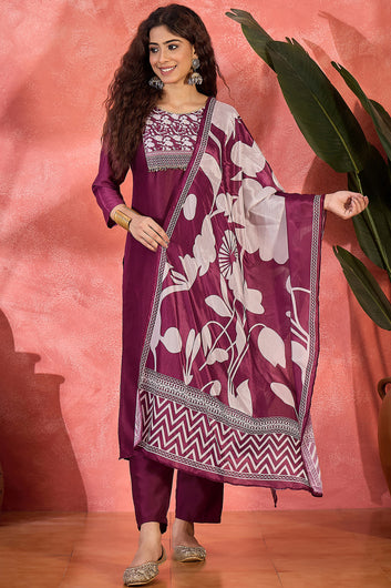 Womens Wine Chinon Silk Printed Kurta Set with Dupatta