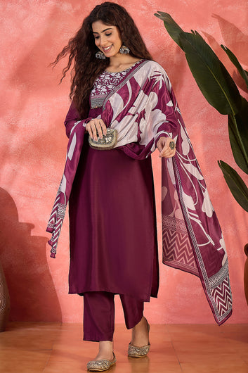 Womens Wine Chinon Silk Printed Kurta Set with Dupatta
