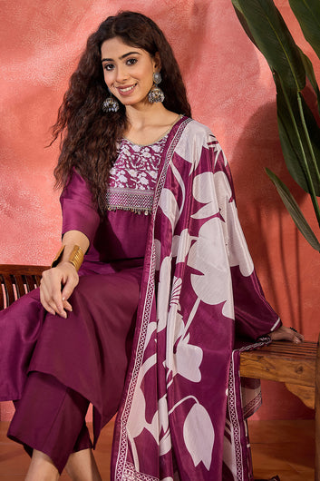 Womens Wine Chinon Silk Printed Kurta Set with Dupatta