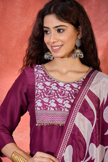 Womens Wine Chinon Silk Printed Kurta Set with Dupatta