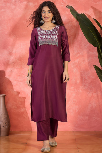 Womens Wine Chinon Silk Printed Kurta Set with Dupatta