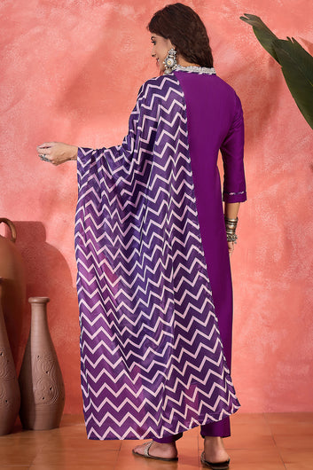 Womens Violet Chinon Silk Kurta Pant with Dupatta