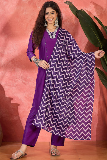 Womens Violet Chinon Silk Kurta Pant with Dupatta