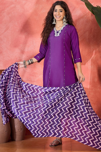 Womens Violet Chinon Silk Kurta Pant with Dupatta