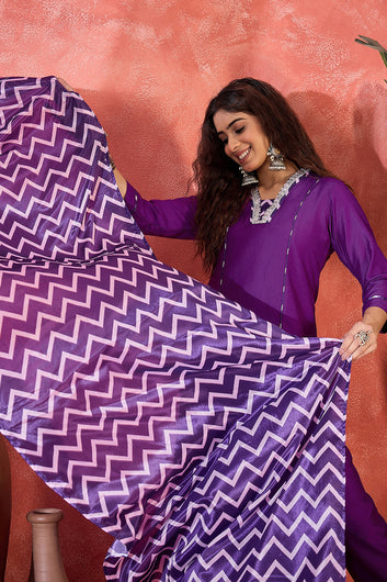 Womens Violet Chinon Silk Kurta Pant with Dupatta