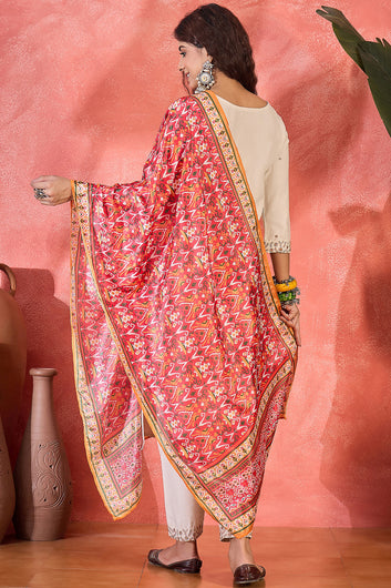 Womens Off White Chinon Silk Embroidered Kurta Set with Printed Dupatta