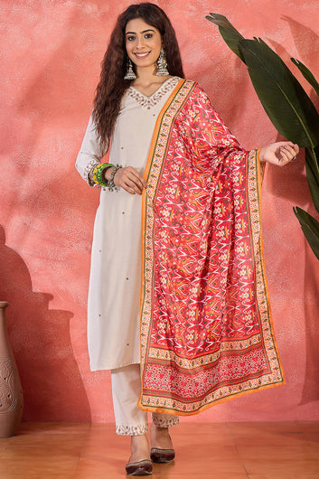 Womens Off White Chinon Silk Embroidered Kurta Set with Printed Dupatta