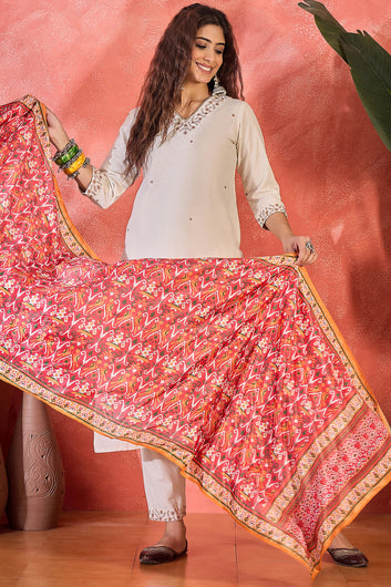 Womens Off White Chinon Silk Embroidered Kurta Set with Printed Dupatta