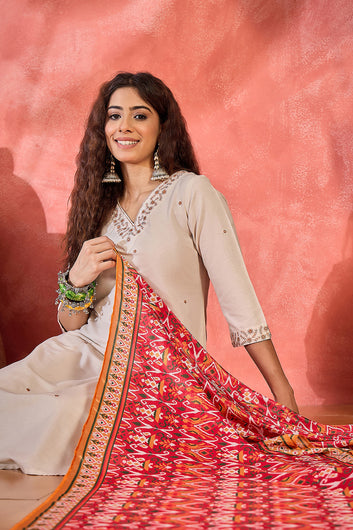 Womens Off White Chinon Silk Embroidered Kurta Set with Printed Dupatta