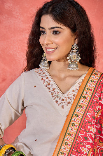 Womens Off White Chinon Silk Embroidered Kurta Set with Printed Dupatta