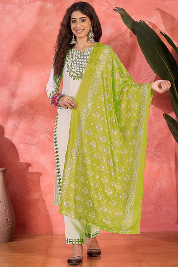 Womens Green Cotton Embroidered Kurta Set with Dupatta