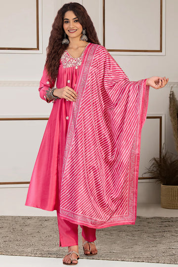 Womens Pink Chinon Silk Embroidered Kurta Set with Dupatta
