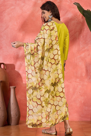 Womens Lime Chinon Silk Kurta Pant with Dupatta