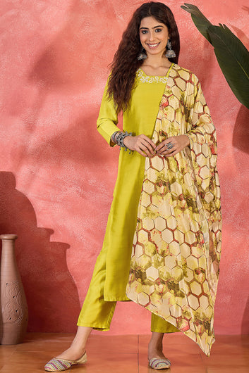 Womens Lime Chinon Silk Kurta Pant with Dupatta